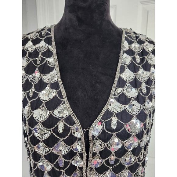 Vtg 80s COTTON ZONE India SILK Black Silver SEQUIN Fish Scale Pattern VEST M EUC - Picture 2 of 8